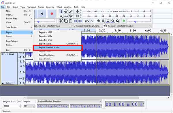 Exporter le fichier audio sur Audacity