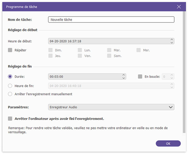 Regler Programme de tâche