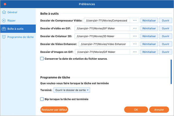 L'onglet Boîte à outils sous Préférences