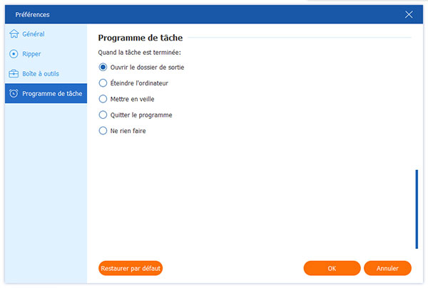 Préférences Programme de tâche