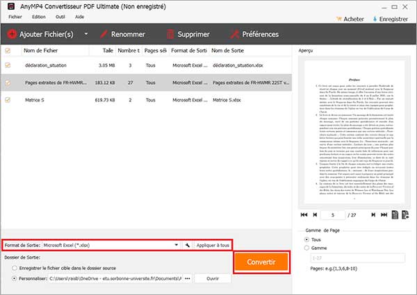 Définir le format de sortie et convertir le PDF en Excel