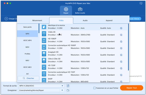 Sélectionner le format de sortie