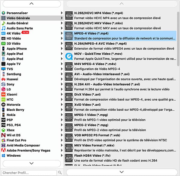 Définir un format vidéo de sortie