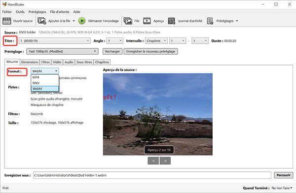 Choisir le format de sortie sur HandBrake