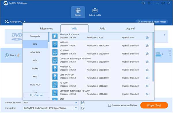 Sélectionner le format vidéo de sortie