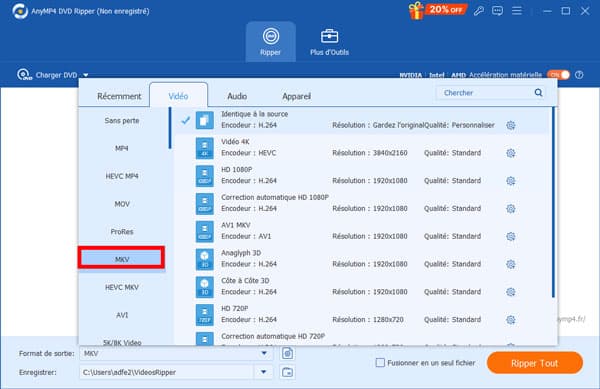 Sélectionner le format MKV