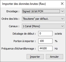 Importer des données brutes dans Audacity