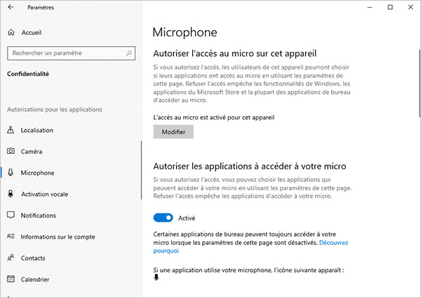 Autoriser les applications à accéder à votre micro