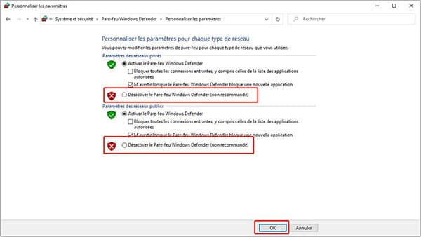 Désactiver le Pare-feu Windows Defender