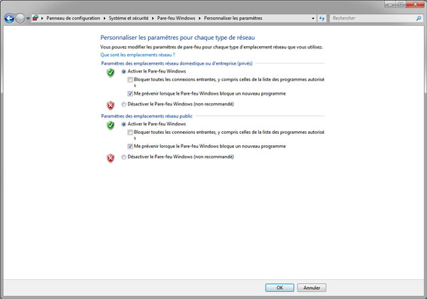 Personnaliser les paramètres de pare-feu