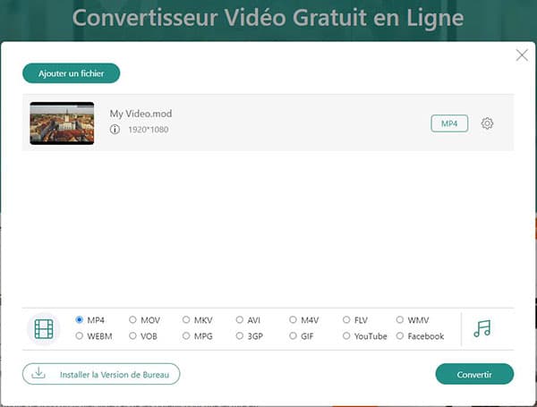 Convertir MOD en MP4 en ligne