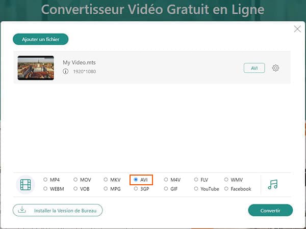 Convertir MTS en AVI avec AnyMP4 convertisseur vidéo gratuit en ligne