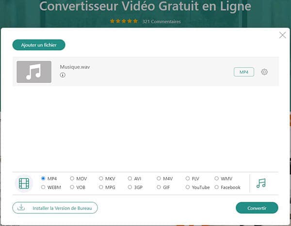 Convertir WAV en MP4 en ligne gratuitement