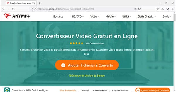 Interface de Anymp4 convertisseur vidéo gratuit en ligne
