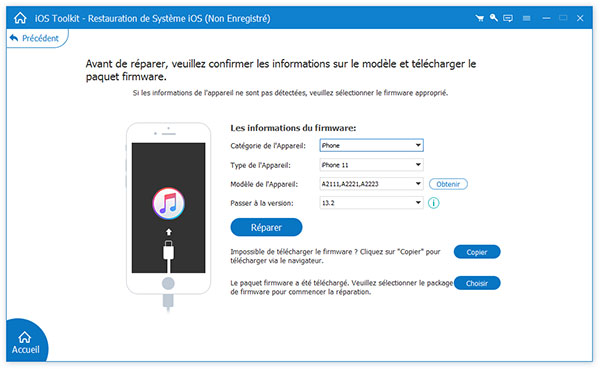 Sélectionner le modèle de l'appareil