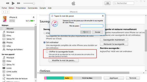 Annuler le mot de passe de sauvegarde iTunes