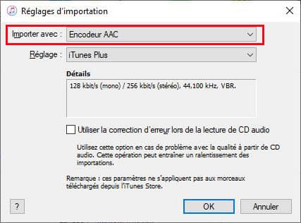 Sélectionner l'encodeur AAC dans iTunes
