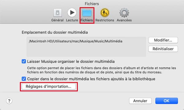 Réglages d'importation sur Musique