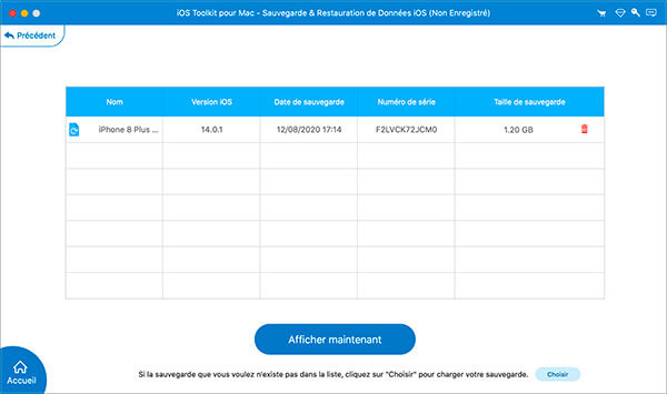 Sélectionner la sauvegarde iOS à restaurer