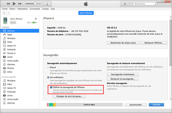 Crypter la sauvegarde iTunes