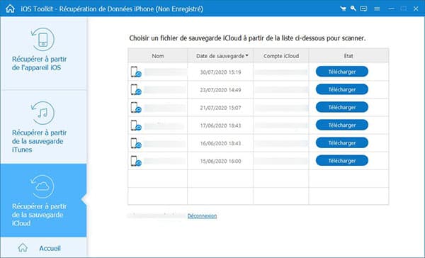 Sélectionner la sauvegarde iCloud à télécharger