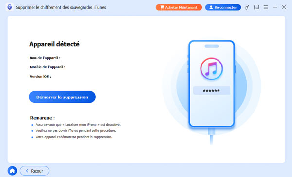 Vérifier les informations pour supprimer le chiffrement des sauvegardes iTunes
