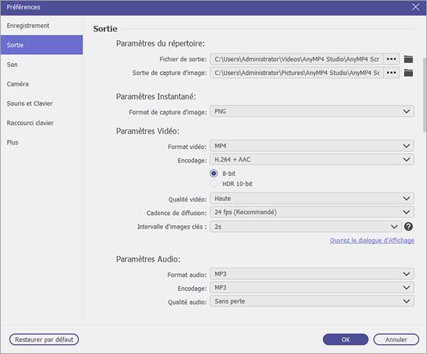 Modifier les préférences d'enregistrement