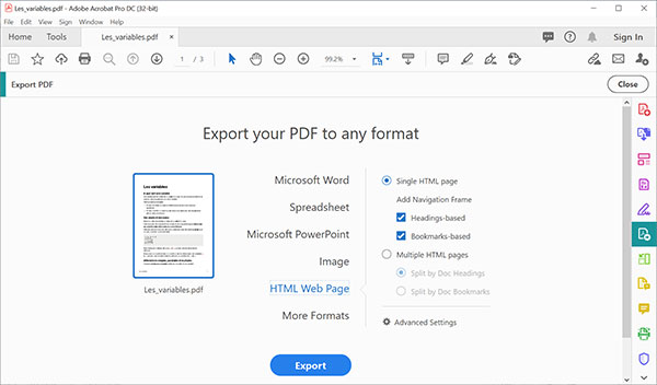 Convertir PDF en HTML avec Adobe Acrobat DC