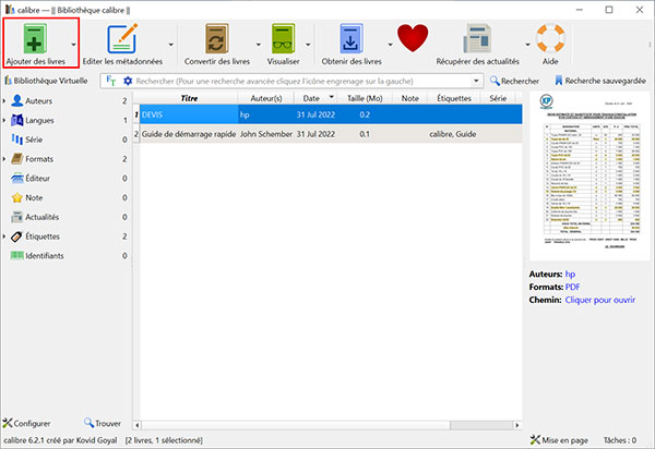 Ajouter le document PDF dans le Calibre Ebook