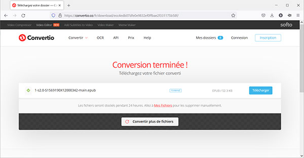 Convertio - Conversion en EPUB terminée