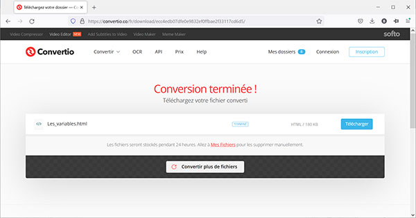 Convertio - Convertision en HTML terminée