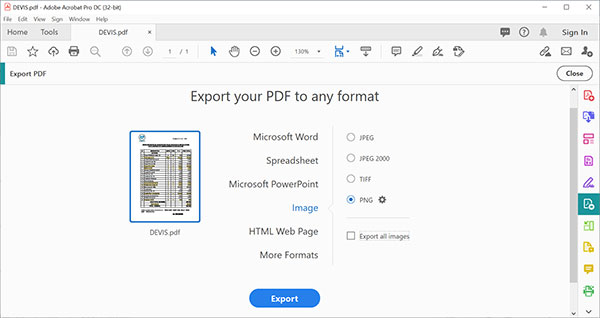 Convertir le PDF en image avec Adobe Acrobat DC