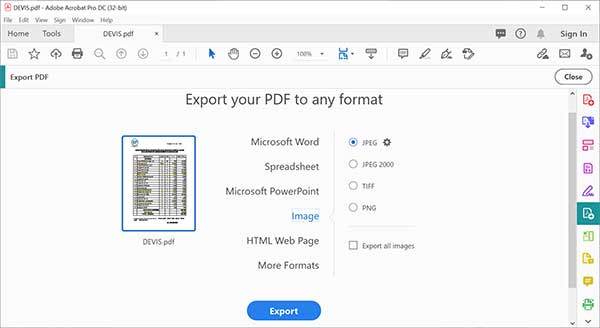 Convertir PDF en JPG avec Adobe Acrobat DC