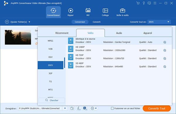 Sélectionner DivX comme le format de sortie