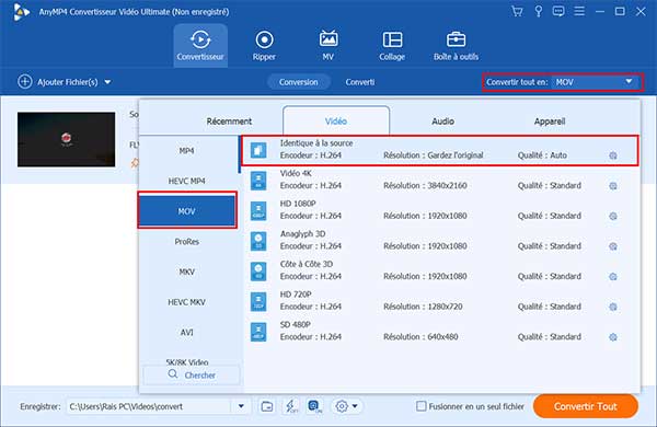 Sélectionner le format MOV pour le fichier FLV