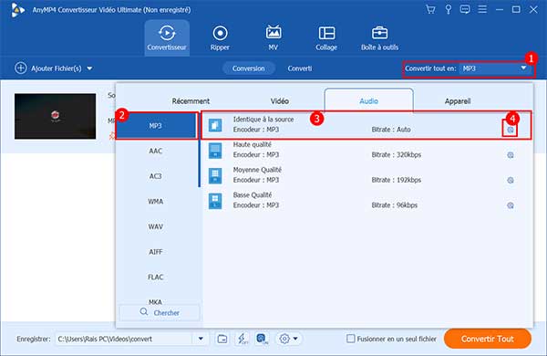 Définir le format de sortie MP3