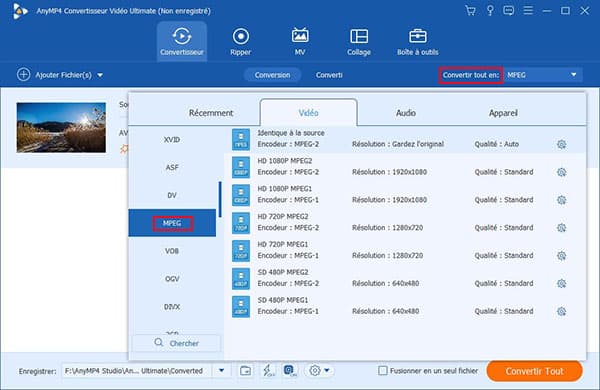 Définir MPEG-2 comme le format de sortie