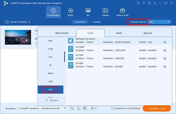 Choisir OGV comme le format de sortie