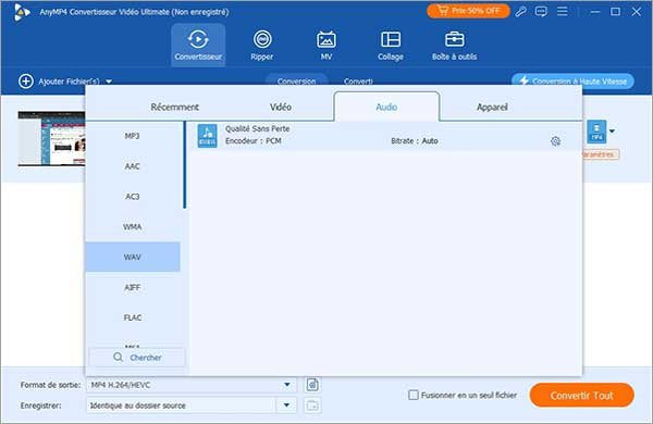 Définir WAV comme le format de sortie