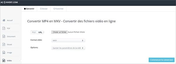 Aconvert Convertir MP4 en MKV en ligne