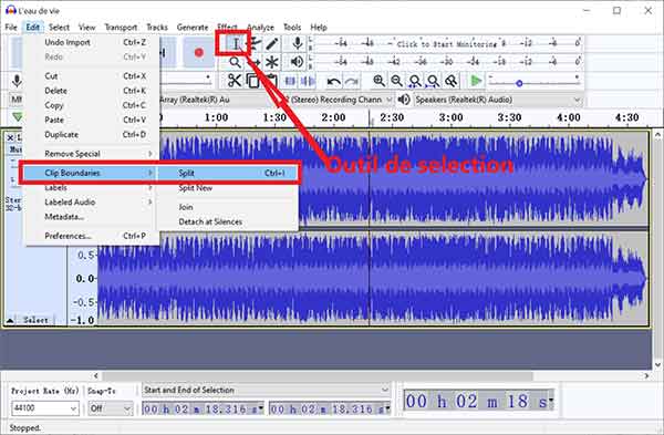 Couper le fichier audio sur Audacity