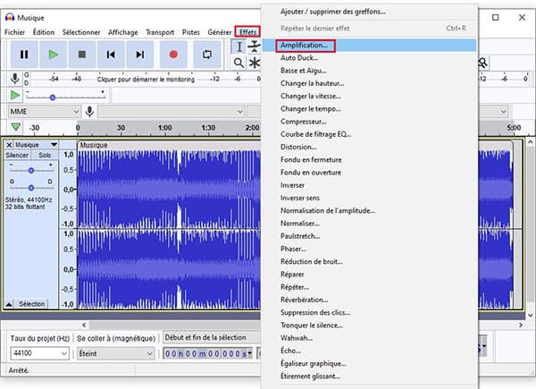 Ouvrir Amplification sur Audacity