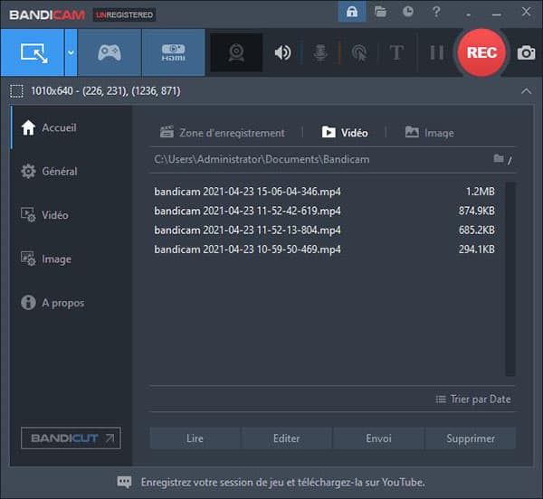 Liste de l'enregistrement vidéo sur Bandicam