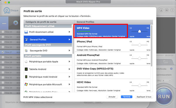 Choix du format dans MacX DVD Ripper Pro
