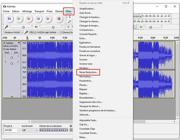 Choisir Réduction de bruit sur Audacity