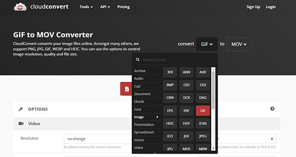 Choisir les formats sur CloudConvert