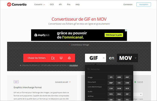 Choisir les formats sur Convertio