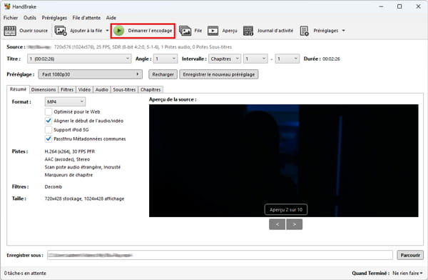 Démarrer l'encodage