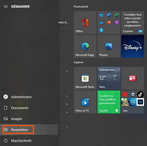 Démarrer - Paramètres
