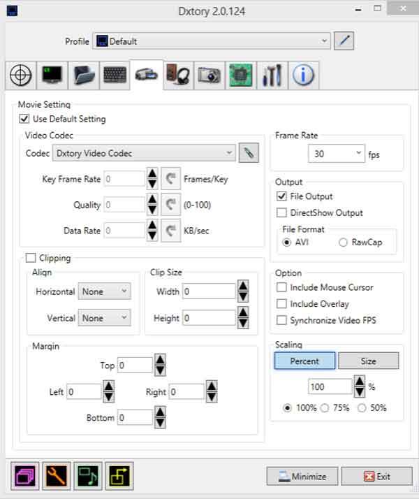 L'interface de préférences dans Dxtory